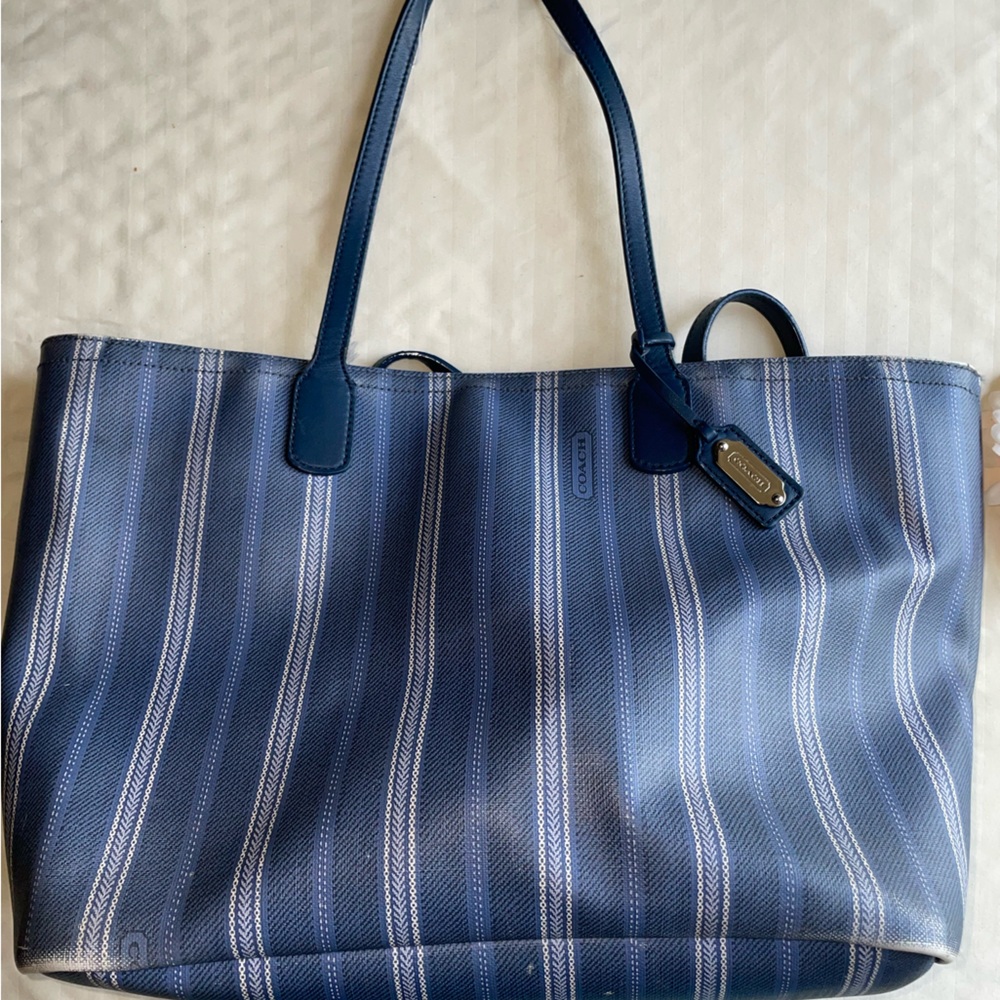 Coach Legacy Weekend Ticking Stripe Pvc Zip Top Tote